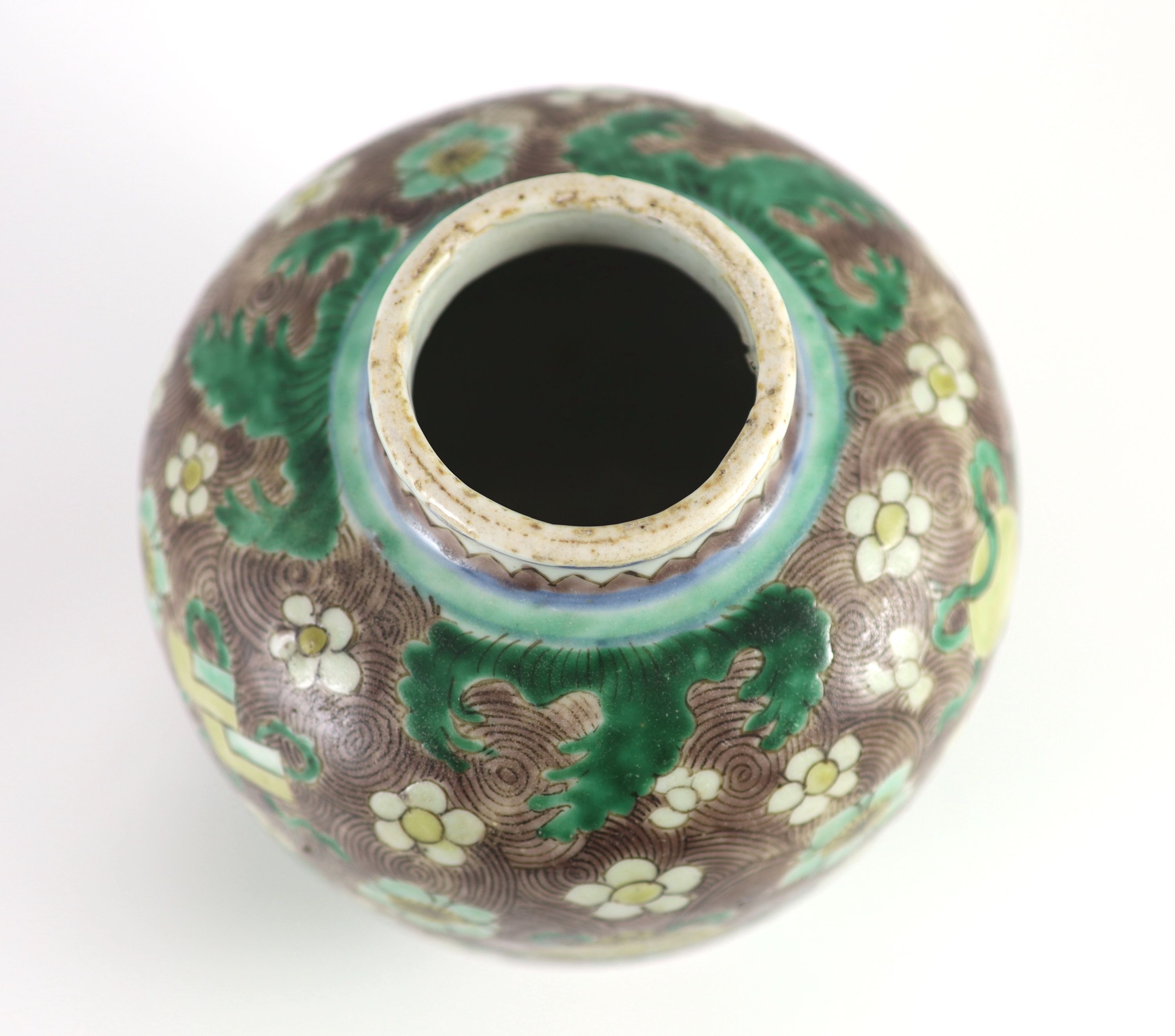 A Chinese enamelled porcelain ovoid jar, early Kangxi period, 16cm high